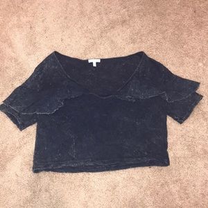Scoop V Neck Ruffled Distressed Navy Top